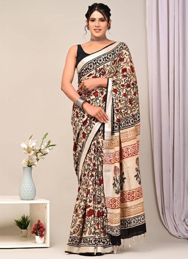 Pure Linen Cotton Multi Casual Wear Pure Hand Work Saree